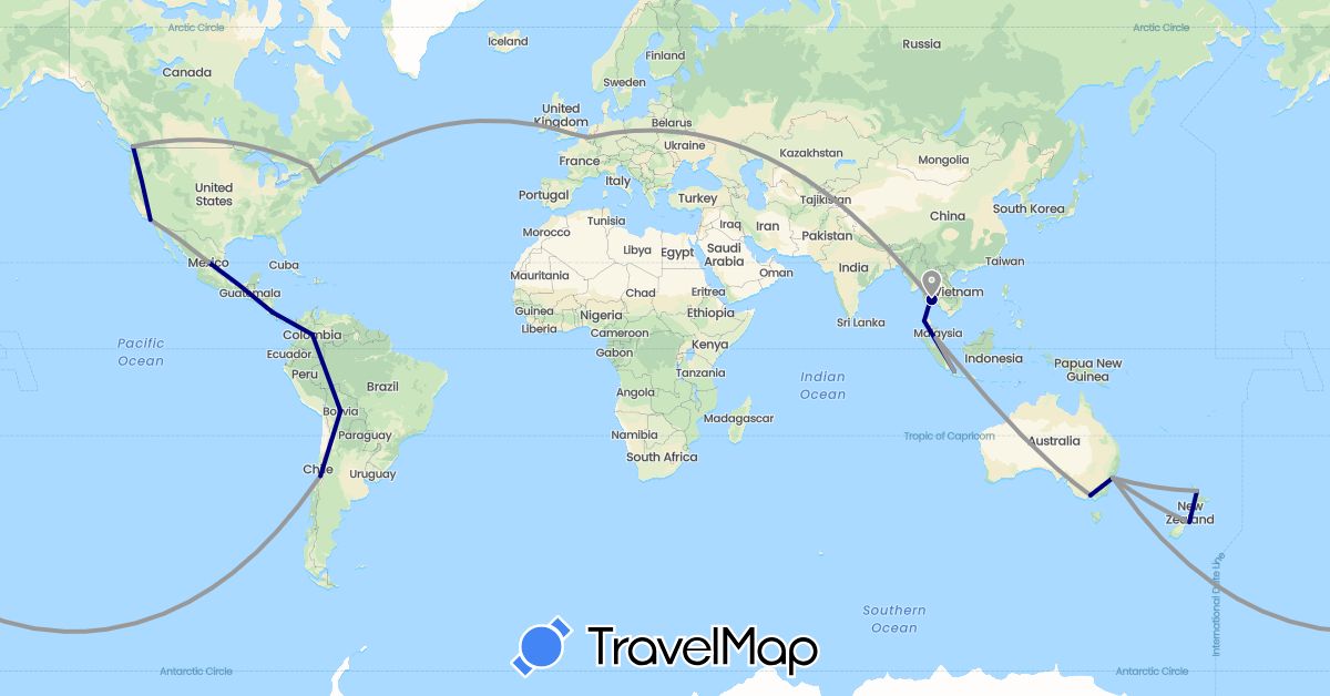 TravelMap itinerary: driving, plane in Australia, Belgium, Bolivia, Canada, Chile, Colombia, Costa Rica, United Kingdom, Indonesia, Laos, Mexico, Malaysia, New Zealand, Thailand, United States (Asia, Europe, North America, Oceania, South America)